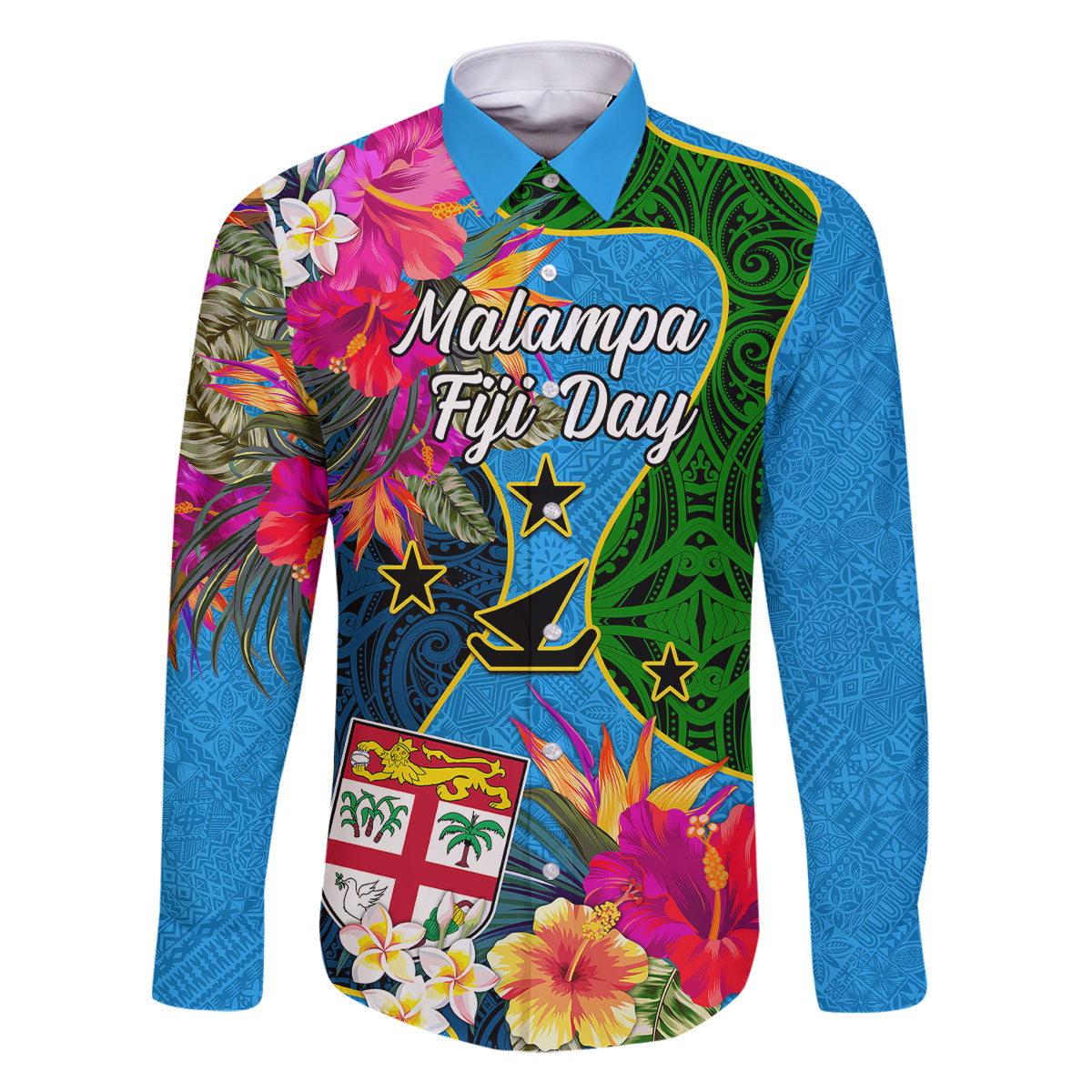 Personalised Malampa Fiji Day Family Matching Off Shoulder Maxi Dress and Hawaiian Shirt Tropical Plants Mix Polynesian and Tapa Pattern LT03 Dad's Shirt - Long Sleeve Blue - Polynesian Pride