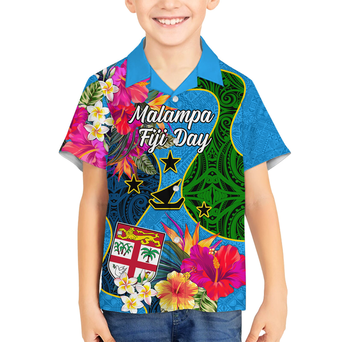 Personalised Malampa Fiji Day Family Matching Off Shoulder Short Dress and Hawaiian Shirt Tropical Plants Mix Polynesian and Tapa Pattern LT03 Son's Shirt Blue - Polynesian Pride