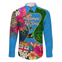 Personalised Malampa Fiji Day Family Matching Puletasi Dress and Hawaiian Shirt Tropical Plants Mix Polynesian and Tapa Pattern LT03 Dad's Shirt - Long Sleeve Blue - Polynesian Pride