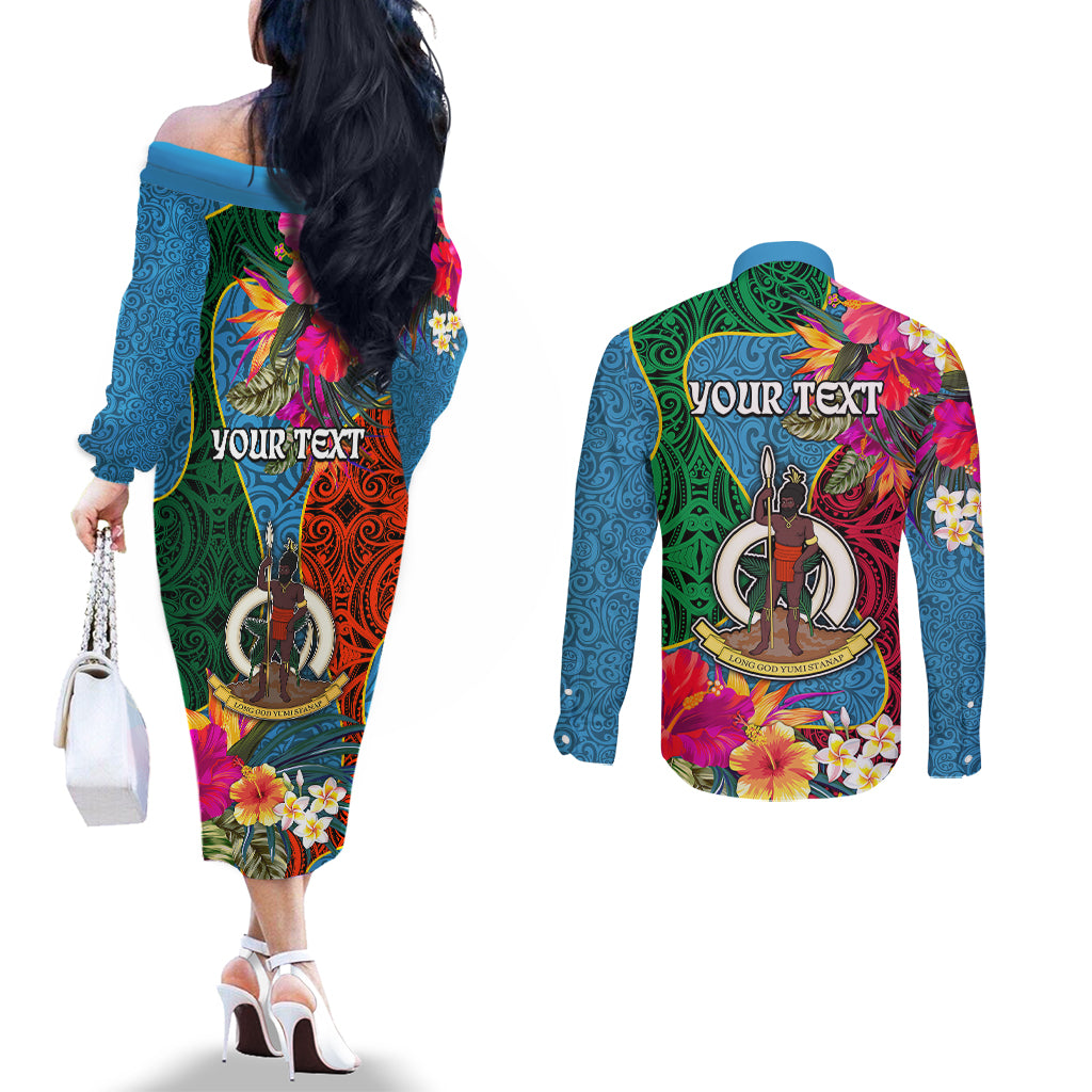 Personalised Sanma Day Couples Matching Off The Shoulder Long Sleeve Dress and Long Sleeve Button Shirts Proud To Be A Ni-Van Beauty Pacific Flower LT03 - Polynesian Pride