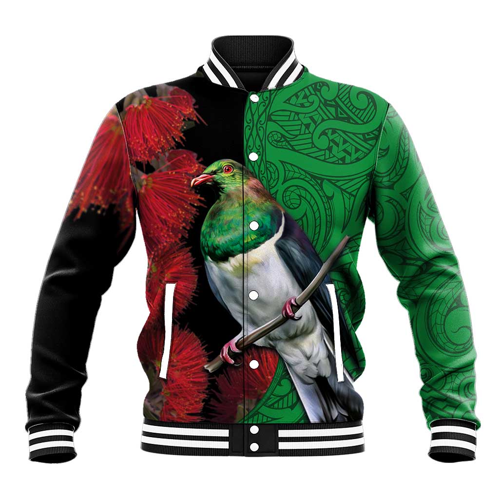 New Zealand Kereru And Pohutukawa Baseball Jacket Maori Tribal Tattoo LT03 Unisex Black - Polynesian Pride