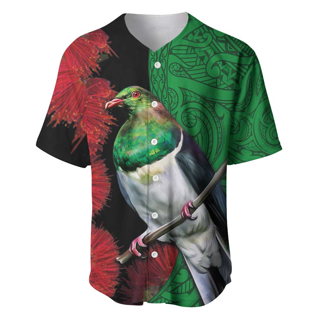 New Zealand Kereru And Pohutukawa Baseball Jersey Maori Tribal Tattoo LT03 Black - Polynesian Pride