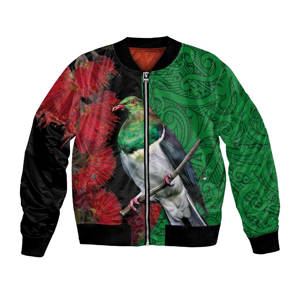 New Zealand Kereru And Pohutukawa Bomber Jacket Maori Tribal Tattoo LT03 Unisex Black - Polynesian Pride