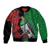 New Zealand Kereru And Pohutukawa Bomber Jacket Maori Tribal Tattoo LT03 Unisex Black - Polynesian Pride