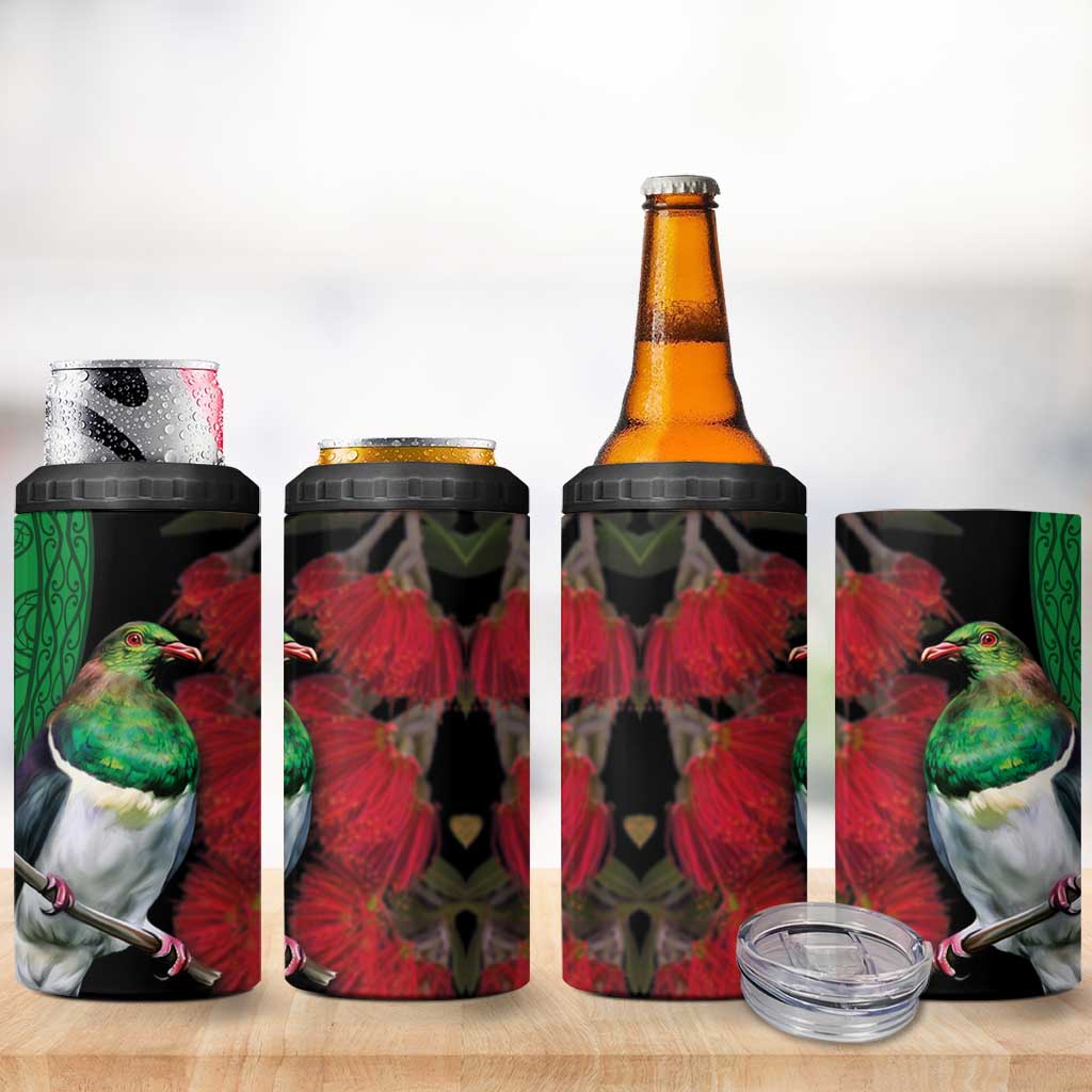 New Zealand Kereru And Pohutukawa 4 in 1 Can Cooler Tumbler Maori Tribal Tattoo LT03 - Polynesian Pride