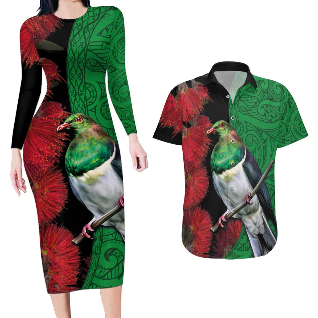 New Zealand Kereru And Pohutukawa Couples Matching Long Sleeve Bodycon Dress and Hawaiian Shirt Maori Tribal Tattoo LT03 Black - Polynesian Pride