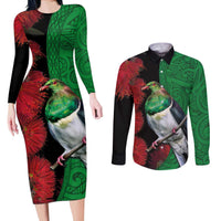 New Zealand Kereru And Pohutukawa Couples Matching Long Sleeve Bodycon Dress and Long Sleeve Button Shirt Maori Tribal Tattoo LT03 Black - Polynesian Pride