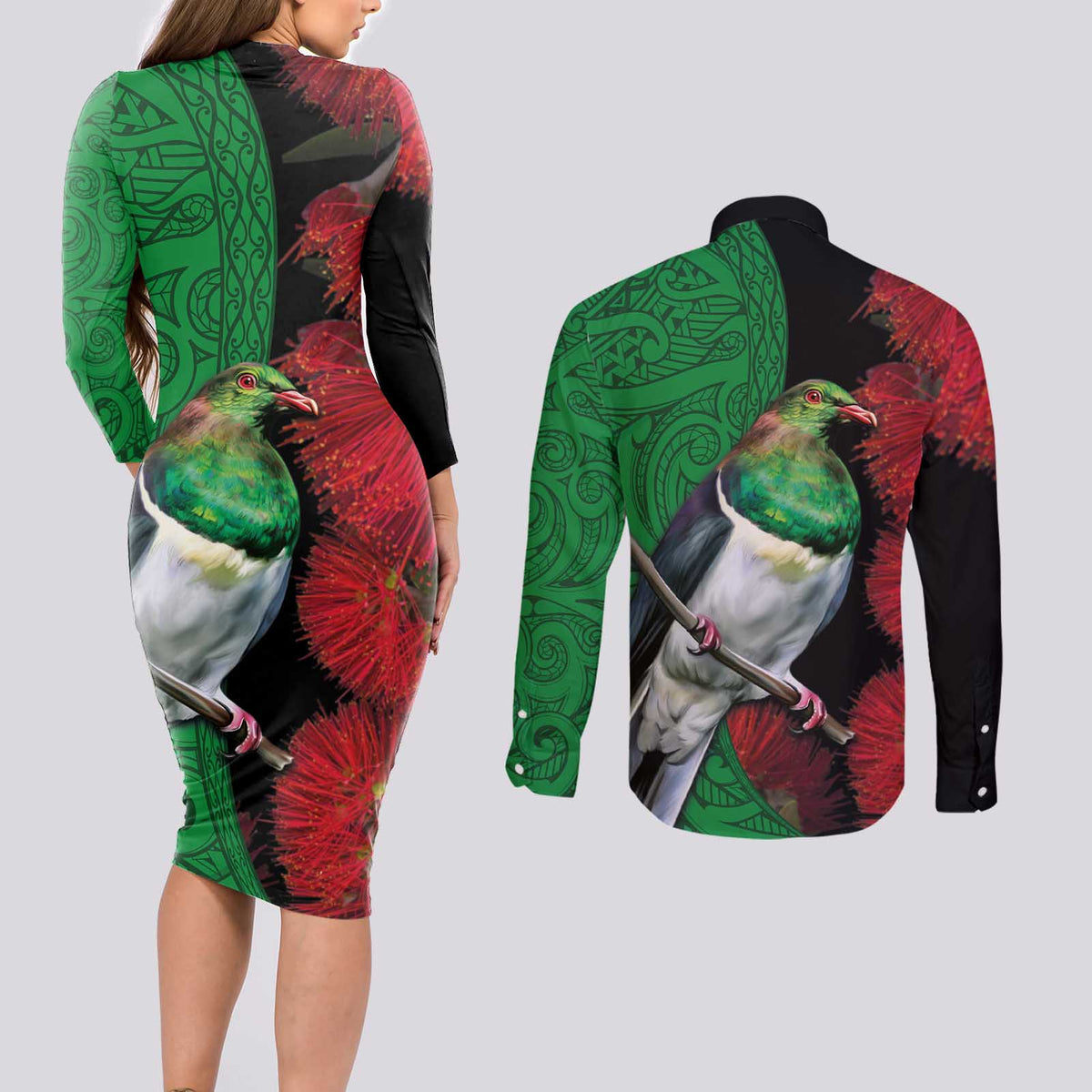 New Zealand Kereru And Pohutukawa Couples Matching Long Sleeve Bodycon Dress and Long Sleeve Button Shirt Maori Tribal Tattoo LT03 - Polynesian Pride
