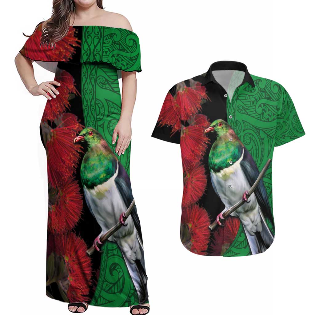 New Zealand Kereru And Pohutukawa Couples Matching Off Shoulder Maxi Dress and Hawaiian Shirt Maori Tribal Tattoo LT03 Black - Polynesian Pride