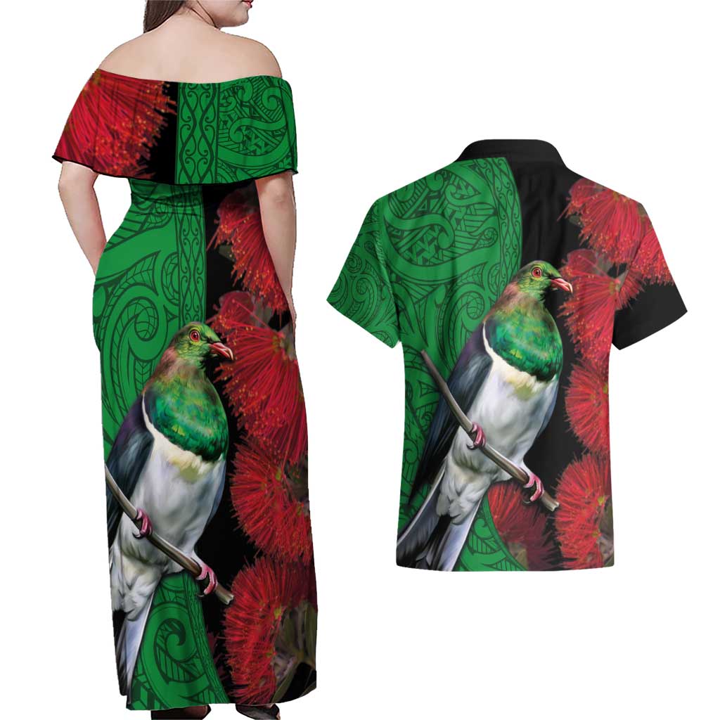 New Zealand Kereru And Pohutukawa Couples Matching Off Shoulder Maxi Dress and Hawaiian Shirt Maori Tribal Tattoo LT03 - Polynesian Pride