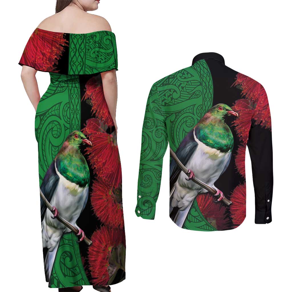 New Zealand Kereru And Pohutukawa Couples Matching Off Shoulder Maxi Dress and Long Sleeve Button Shirt Maori Tribal Tattoo LT03 - Polynesian Pride
