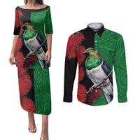 New Zealand Kereru And Pohutukawa Couples Matching Puletasi and Long Sleeve Button Shirt Maori Tribal Tattoo LT03 Black - Polynesian Pride
