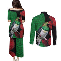 New Zealand Kereru And Pohutukawa Couples Matching Puletasi and Long Sleeve Button Shirt Maori Tribal Tattoo LT03 - Polynesian Pride