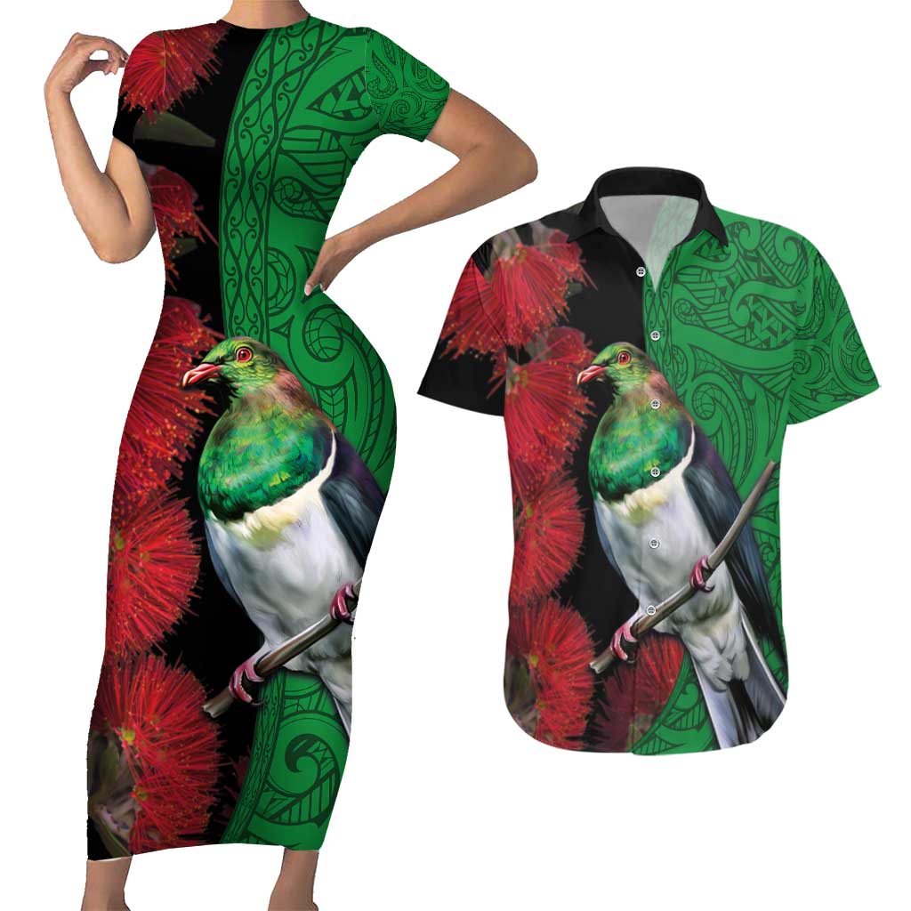 New Zealand Kereru And Pohutukawa Couples Matching Short Sleeve Bodycon Dress and Hawaiian Shirt Maori Tribal Tattoo LT03 Black - Polynesian Pride