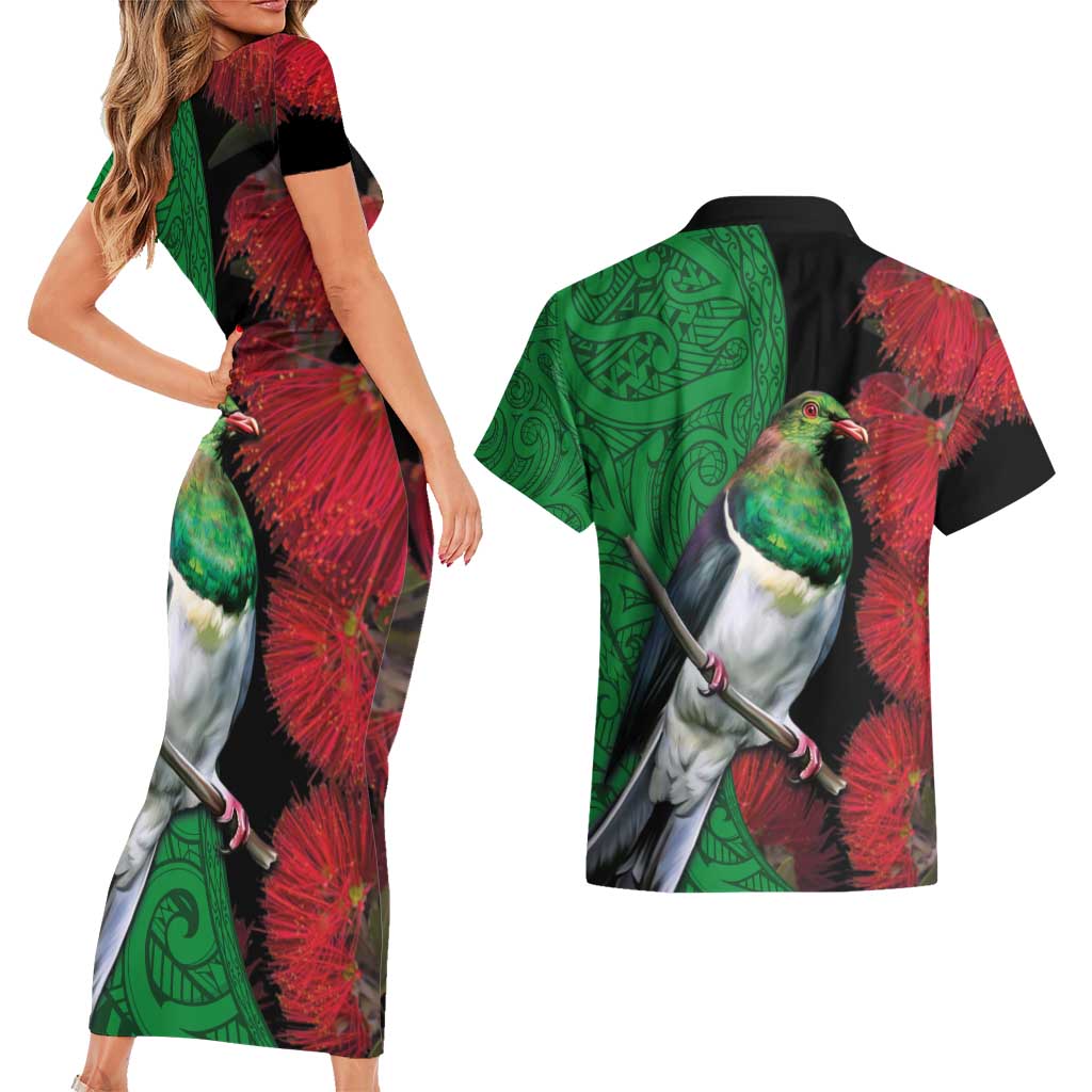 New Zealand Kereru And Pohutukawa Couples Matching Short Sleeve Bodycon Dress and Hawaiian Shirt Maori Tribal Tattoo LT03 - Polynesian Pride