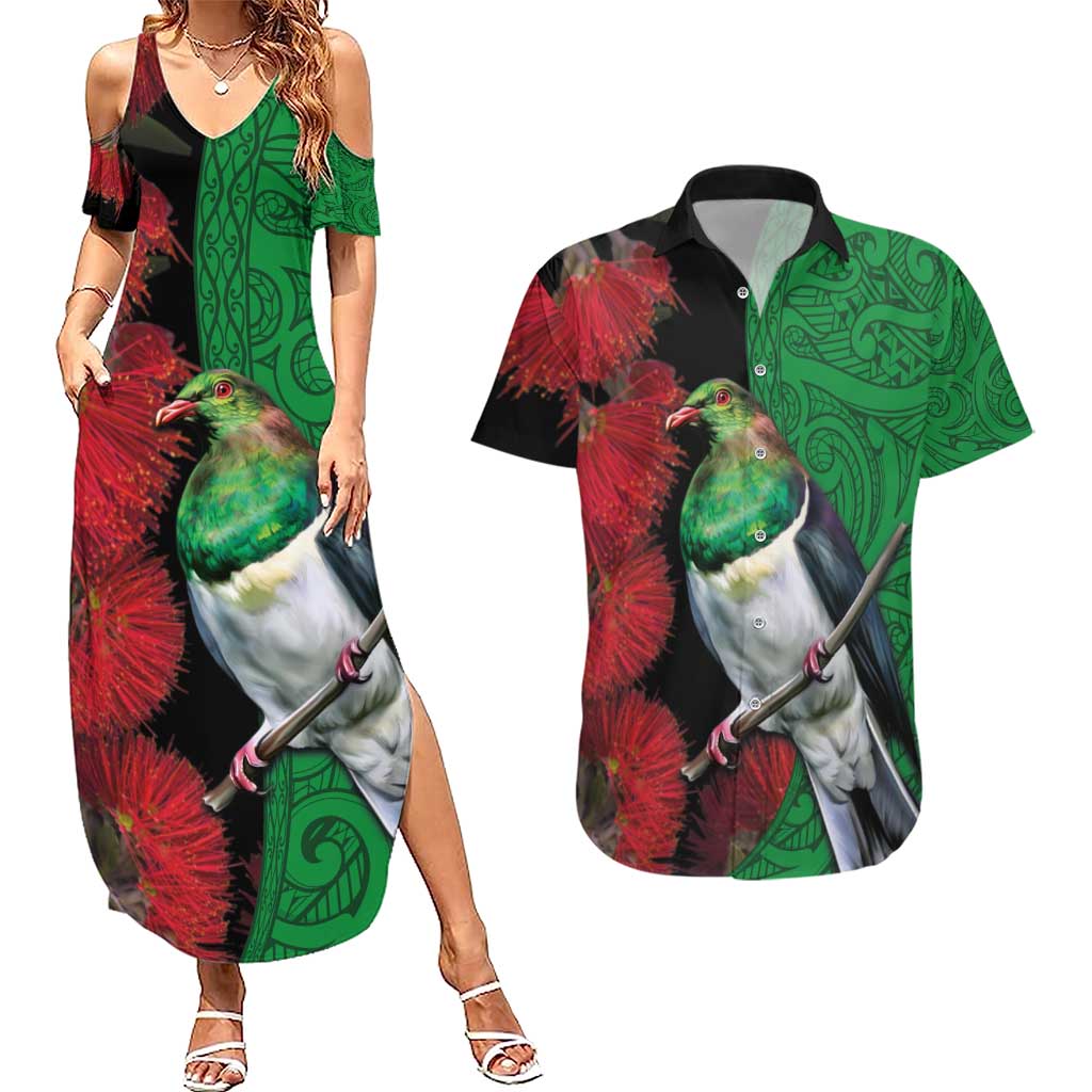 New Zealand Kereru And Pohutukawa Couples Matching Summer Maxi Dress and Hawaiian Shirt Maori Tribal Tattoo LT03 Black - Polynesian Pride