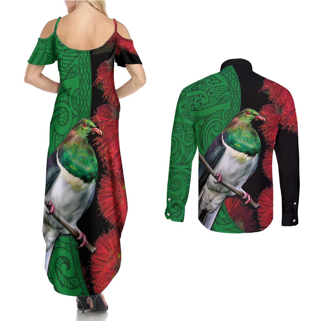 New Zealand Kereru And Pohutukawa Couples Matching Summer Maxi Dress and Long Sleeve Button Shirt Maori Tribal Tattoo LT03 - Polynesian Pride