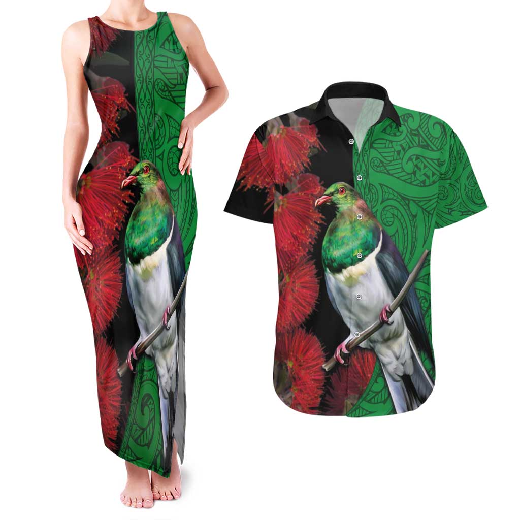 New Zealand Kereru And Pohutukawa Couples Matching Tank Maxi Dress and Hawaiian Shirt Maori Tribal Tattoo LT03 Black - Polynesian Pride