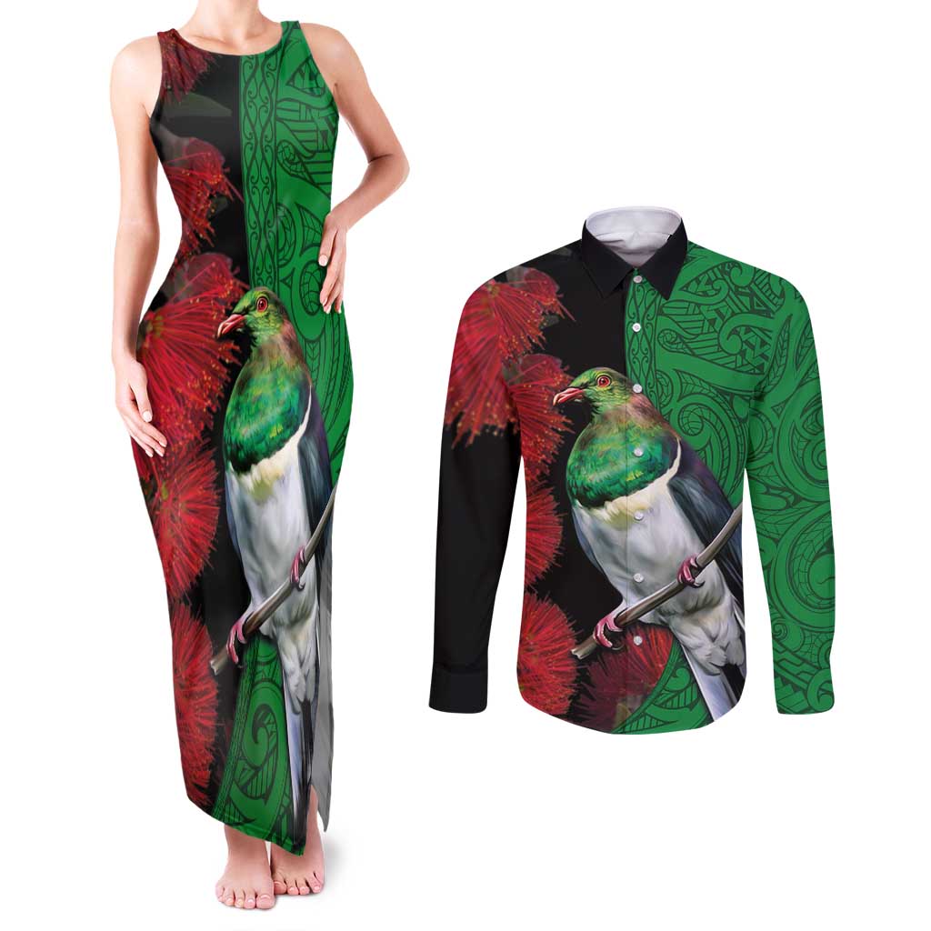 New Zealand Kereru And Pohutukawa Couples Matching Tank Maxi Dress and Long Sleeve Button Shirt Maori Tribal Tattoo LT03 Black - Polynesian Pride