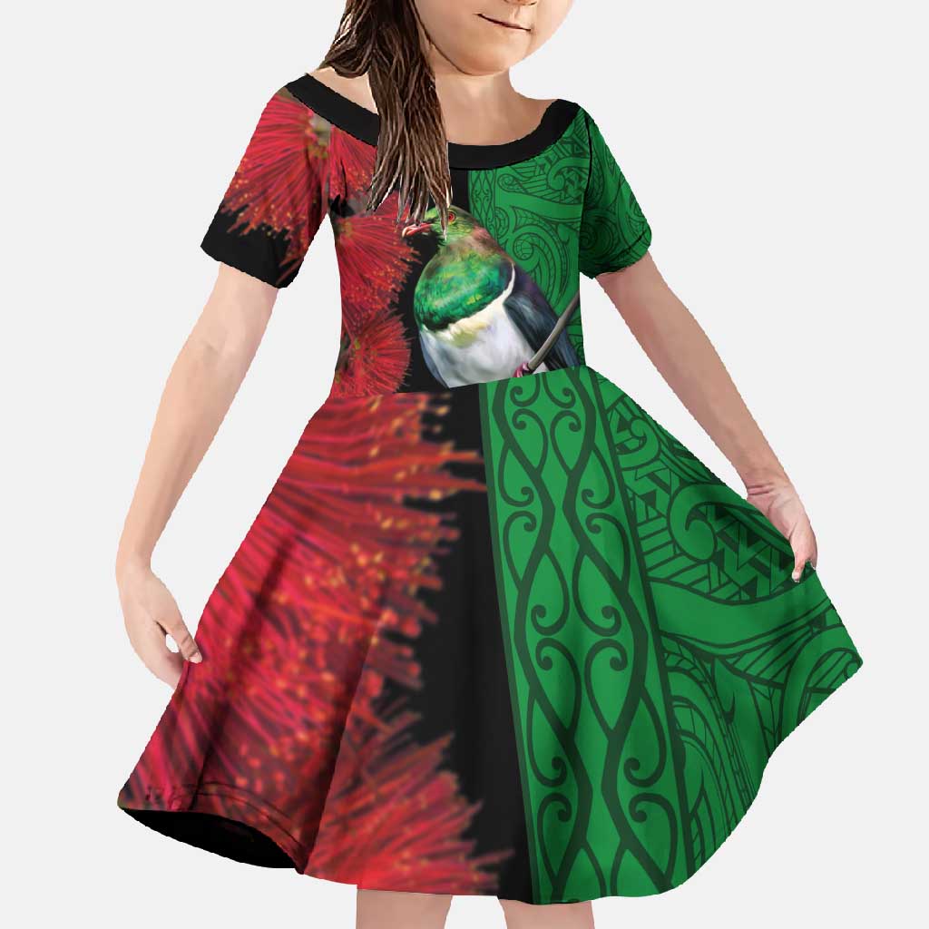 New Zealand Kereru And Pohutukawa Family Matching Long Sleeve Bodycon Dress and Hawaiian Shirt Maori Tribal Tattoo LT03 Daughter's Dress Black - Polynesian Pride