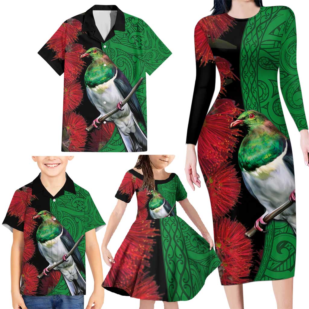 New Zealand Kereru And Pohutukawa Family Matching Long Sleeve Bodycon Dress and Hawaiian Shirt Maori Tribal Tattoo LT03 - Polynesian Pride