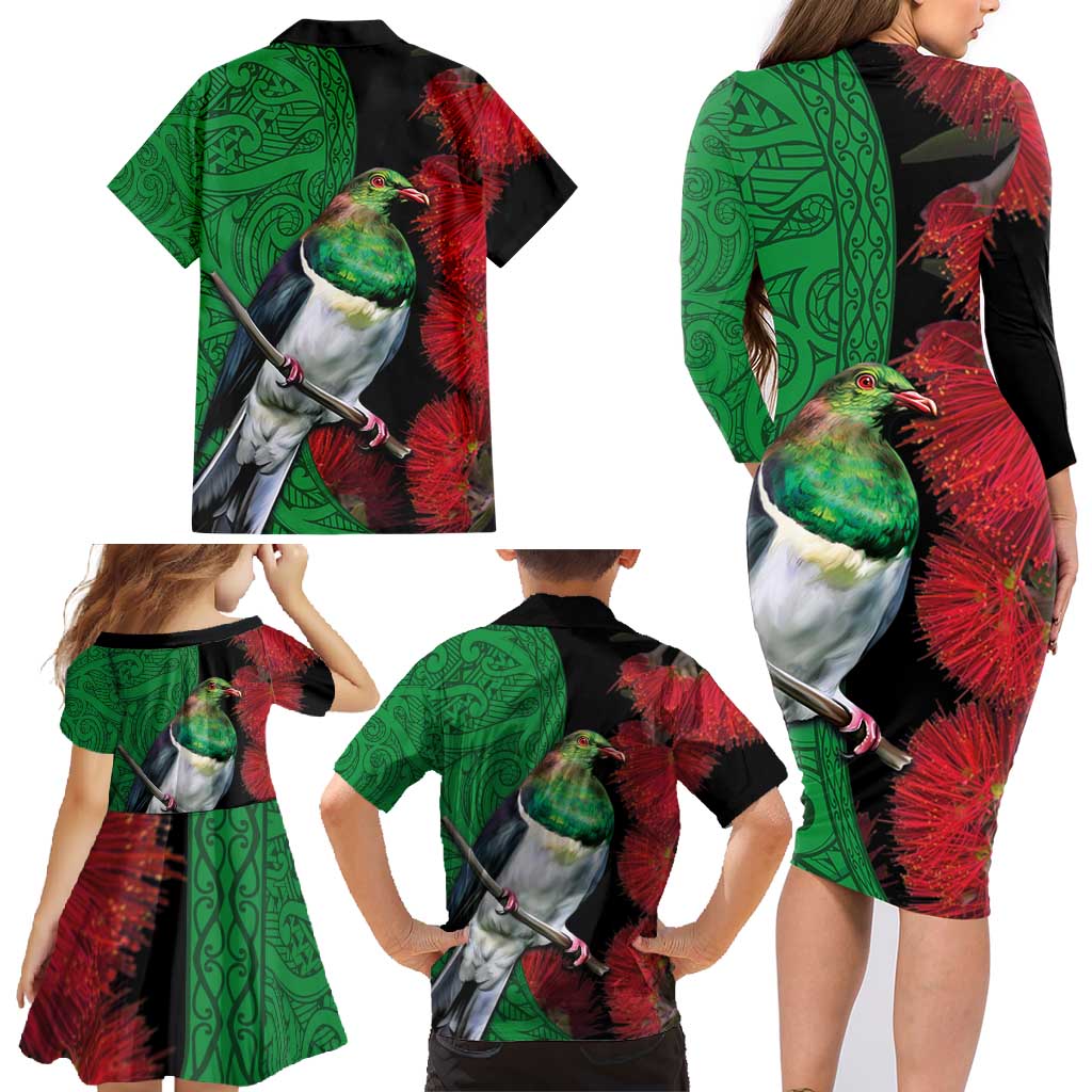 New Zealand Kereru And Pohutukawa Family Matching Long Sleeve Bodycon Dress and Hawaiian Shirt Maori Tribal Tattoo LT03 - Polynesian Pride