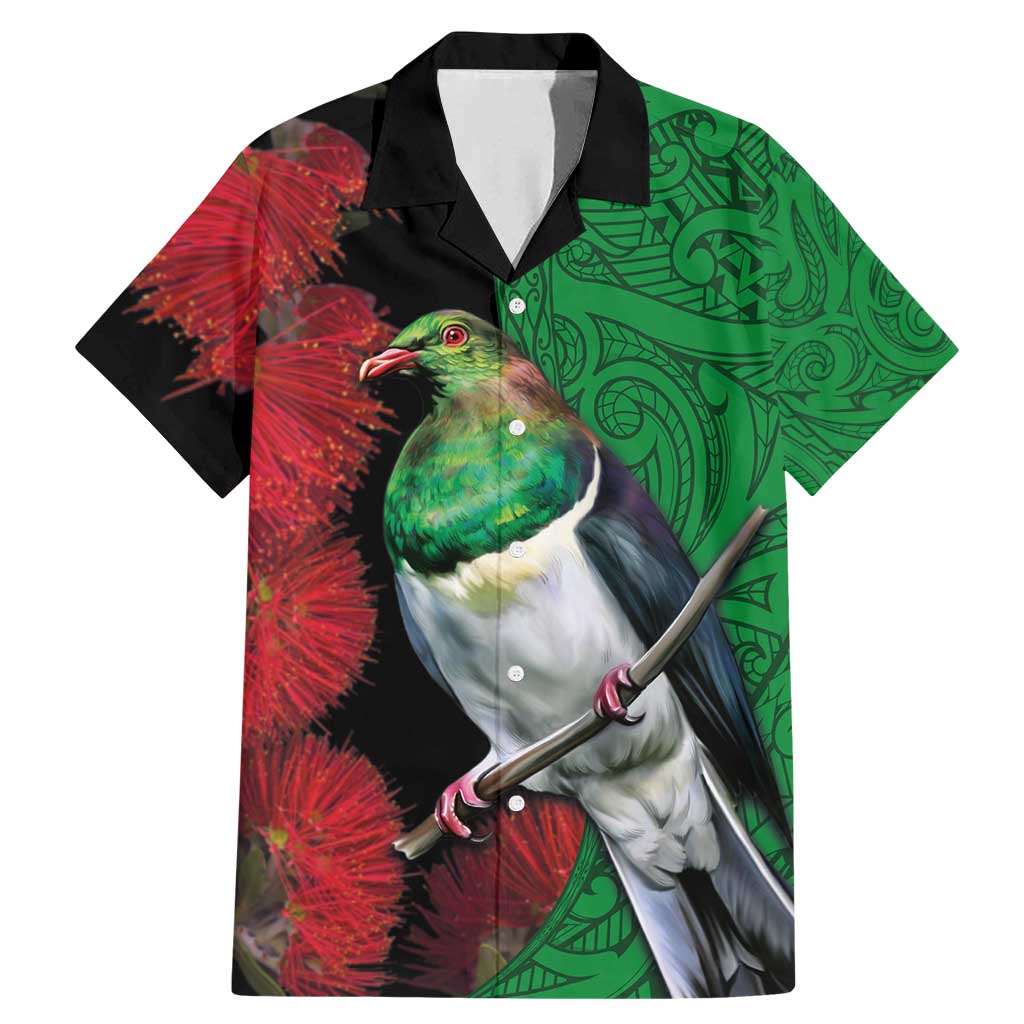 New Zealand Kereru And Pohutukawa Family Matching Mermaid Dress and Hawaiian Shirt Maori Tribal Tattoo LT03 Dad's Shirt - Short Sleeve Black - Polynesian Pride