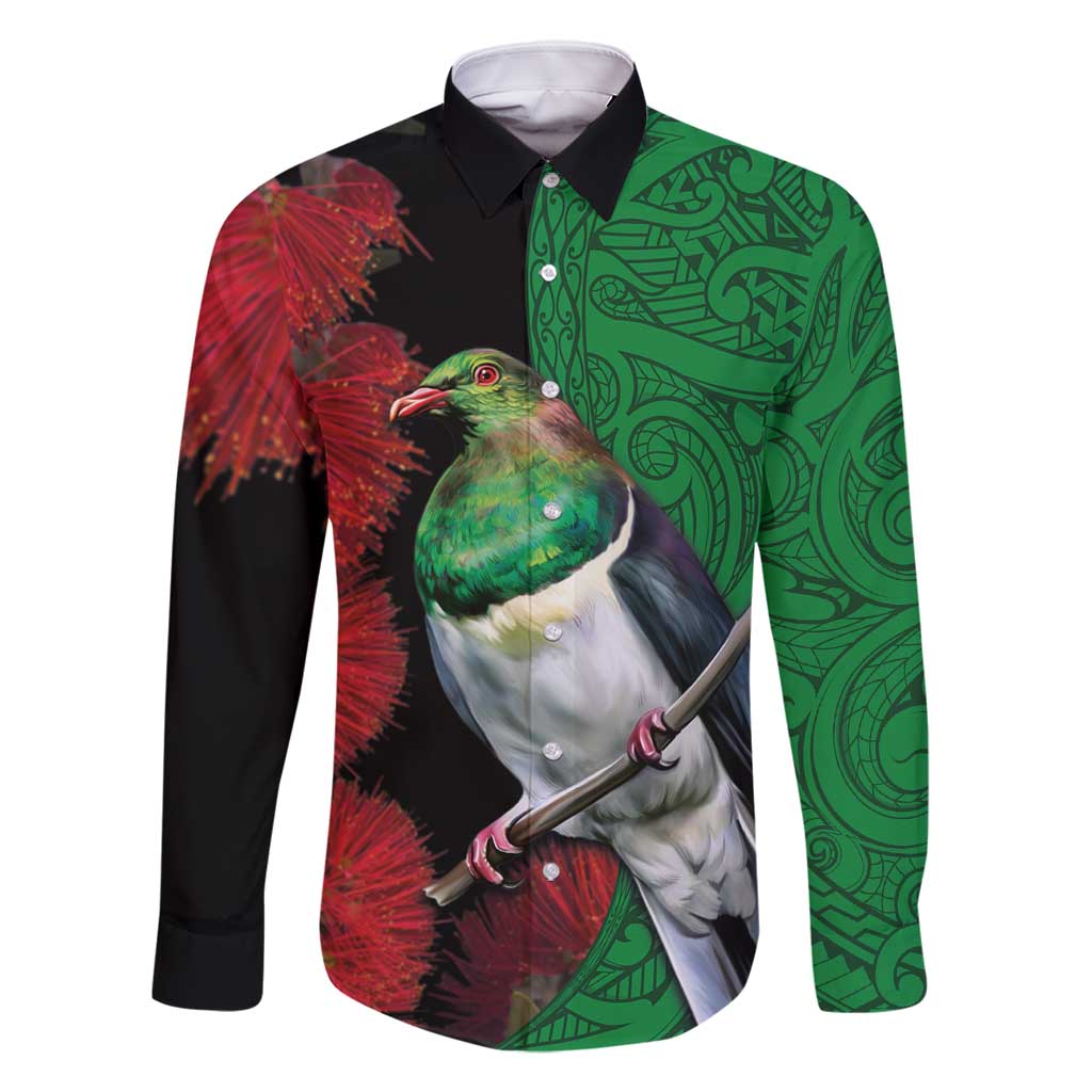 New Zealand Kereru And Pohutukawa Family Matching Mermaid Dress and Hawaiian Shirt Maori Tribal Tattoo LT03 Dad's Shirt - Long Sleeve Black - Polynesian Pride