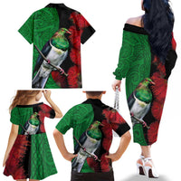 New Zealand Kereru And Pohutukawa Family Matching Off The Shoulder Long Sleeve Dress and Hawaiian Shirt Maori Tribal Tattoo LT03 - Polynesian Pride