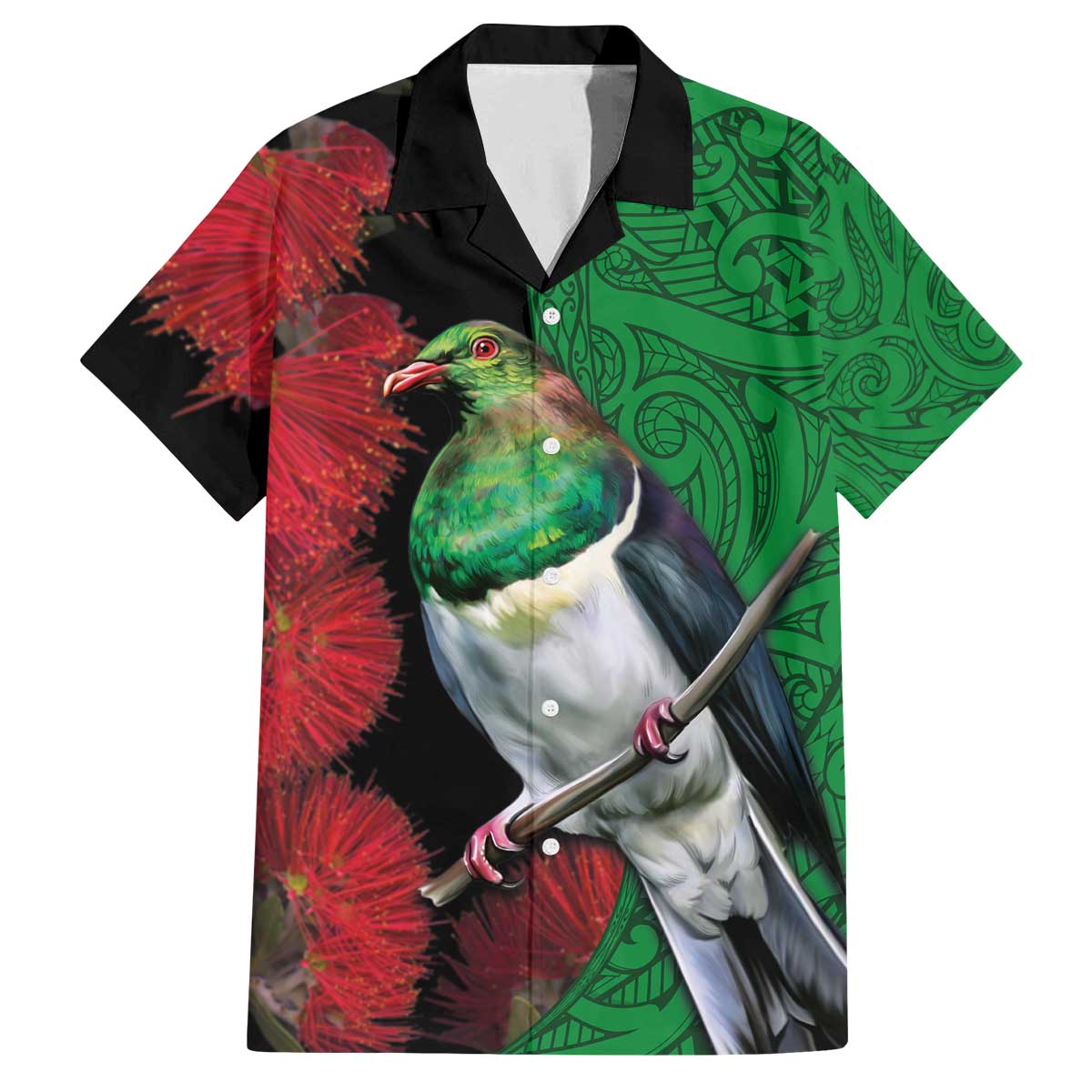 New Zealand Kereru And Pohutukawa Family Matching Off The Shoulder Long Sleeve Dress and Hawaiian Shirt Maori Tribal Tattoo LT03 Dad's Shirt - Short Sleeve Black - Polynesian Pride