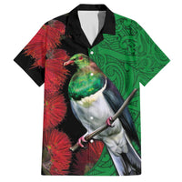 New Zealand Kereru And Pohutukawa Family Matching Off The Shoulder Long Sleeve Dress and Hawaiian Shirt Maori Tribal Tattoo LT03 Dad's Shirt - Short Sleeve Black - Polynesian Pride