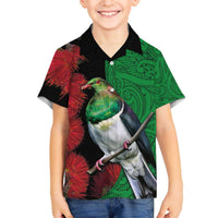 New Zealand Kereru And Pohutukawa Family Matching Off The Shoulder Long Sleeve Dress and Hawaiian Shirt Maori Tribal Tattoo LT03 Son's Shirt Black - Polynesian Pride