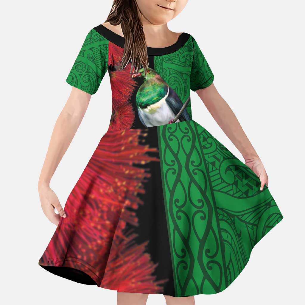 New Zealand Kereru And Pohutukawa Family Matching Off Shoulder Maxi Dress and Hawaiian Shirt Maori Tribal Tattoo LT03 Daughter's Dress Black - Polynesian Pride