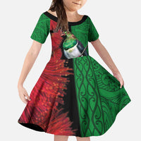 New Zealand Kereru And Pohutukawa Family Matching Off Shoulder Maxi Dress and Hawaiian Shirt Maori Tribal Tattoo LT03 Daughter's Dress Black - Polynesian Pride