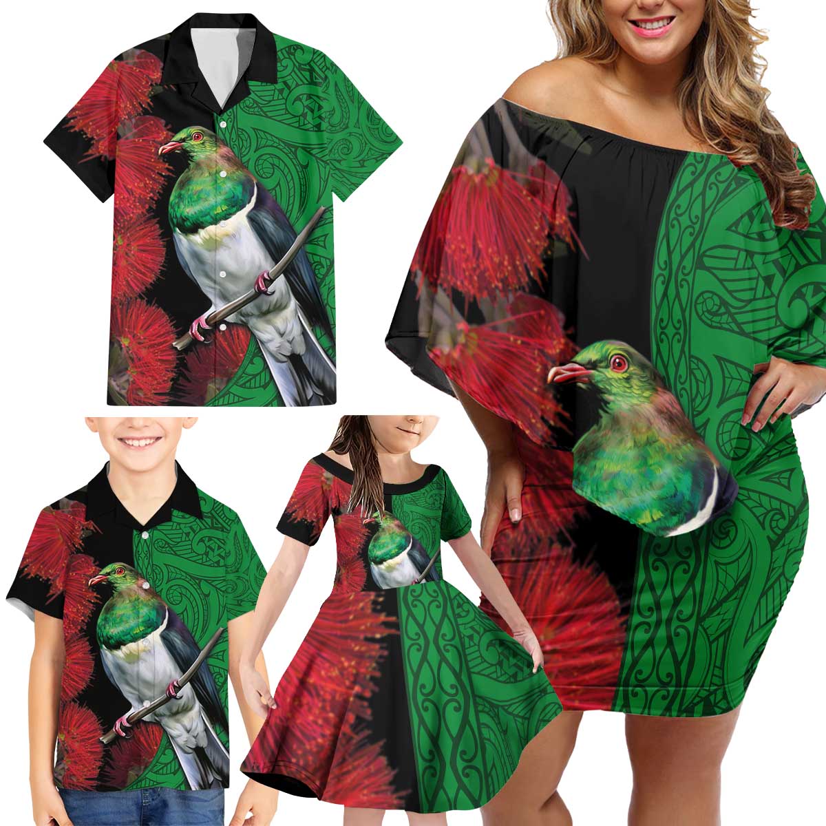 New Zealand Kereru And Pohutukawa Family Matching Off Shoulder Short Dress and Hawaiian Shirt Maori Tribal Tattoo LT03 - Polynesian Pride