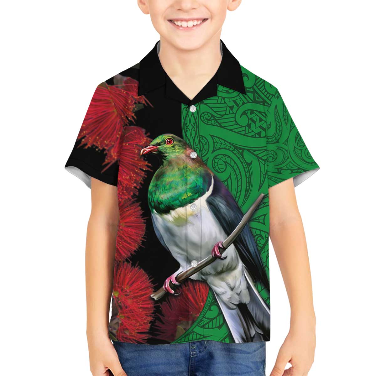 New Zealand Kereru And Pohutukawa Family Matching Off Shoulder Short Dress and Hawaiian Shirt Maori Tribal Tattoo LT03 Son's Shirt Black - Polynesian Pride