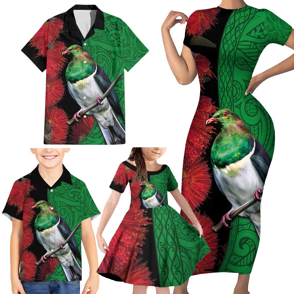 New Zealand Kereru And Pohutukawa Family Matching Short Sleeve Bodycon Dress and Hawaiian Shirt Maori Tribal Tattoo LT03 - Polynesian Pride