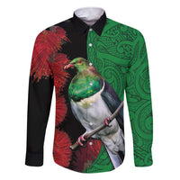 New Zealand Kereru And Pohutukawa Family Matching Short Sleeve Bodycon Dress and Hawaiian Shirt Maori Tribal Tattoo LT03 Dad's Shirt - Long Sleeve Black - Polynesian Pride