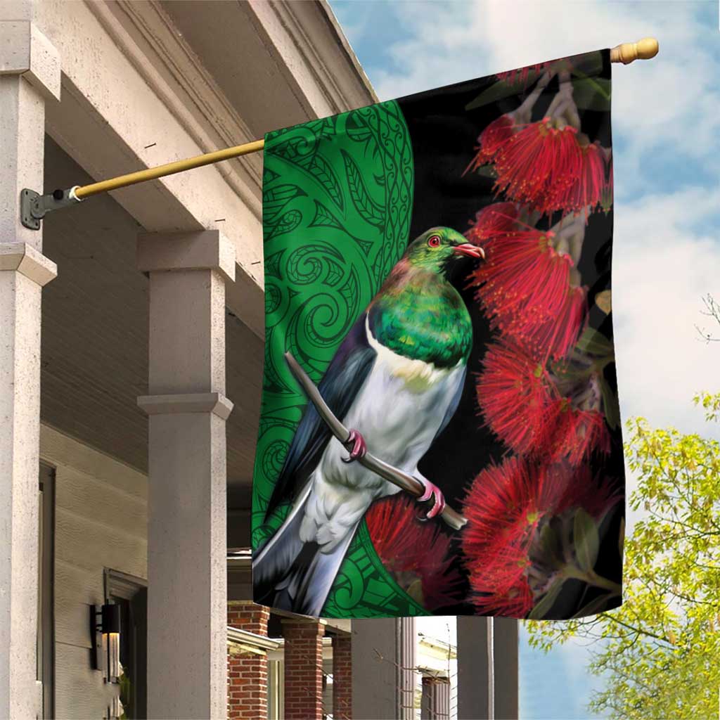 New Zealand Kereru And Pohutukawa Garden Flag Maori Tribal Tattoo LT03 House Flag Black - Polynesian Pride