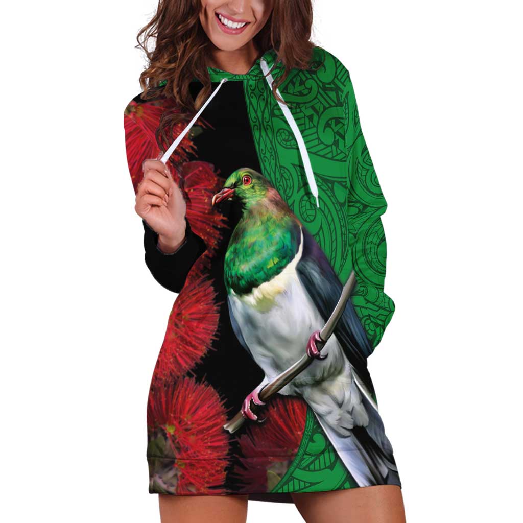New Zealand Kereru And Pohutukawa Hoodie Dress Maori Tribal Tattoo LT03 Black - Polynesian Pride