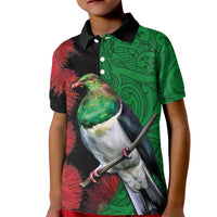 New Zealand Kereru And Pohutukawa Kid Polo Shirt Maori Tribal Tattoo LT03 Kid Black - Polynesian Pride