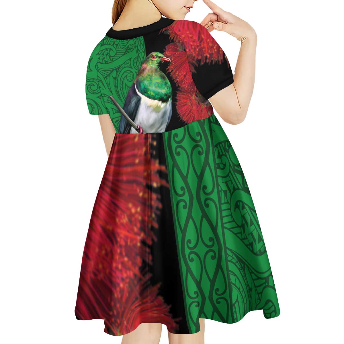 New Zealand Kereru And Pohutukawa Kid Short Sleeve Dress Maori Tribal Tattoo LT03 - Polynesian Pride