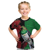 New Zealand Kereru And Pohutukawa Kid T Shirt Maori Tribal Tattoo LT03 Black - Polynesian Pride