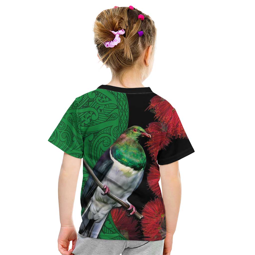 New Zealand Kereru And Pohutukawa Kid T Shirt Maori Tribal Tattoo LT03 - Polynesian Pride