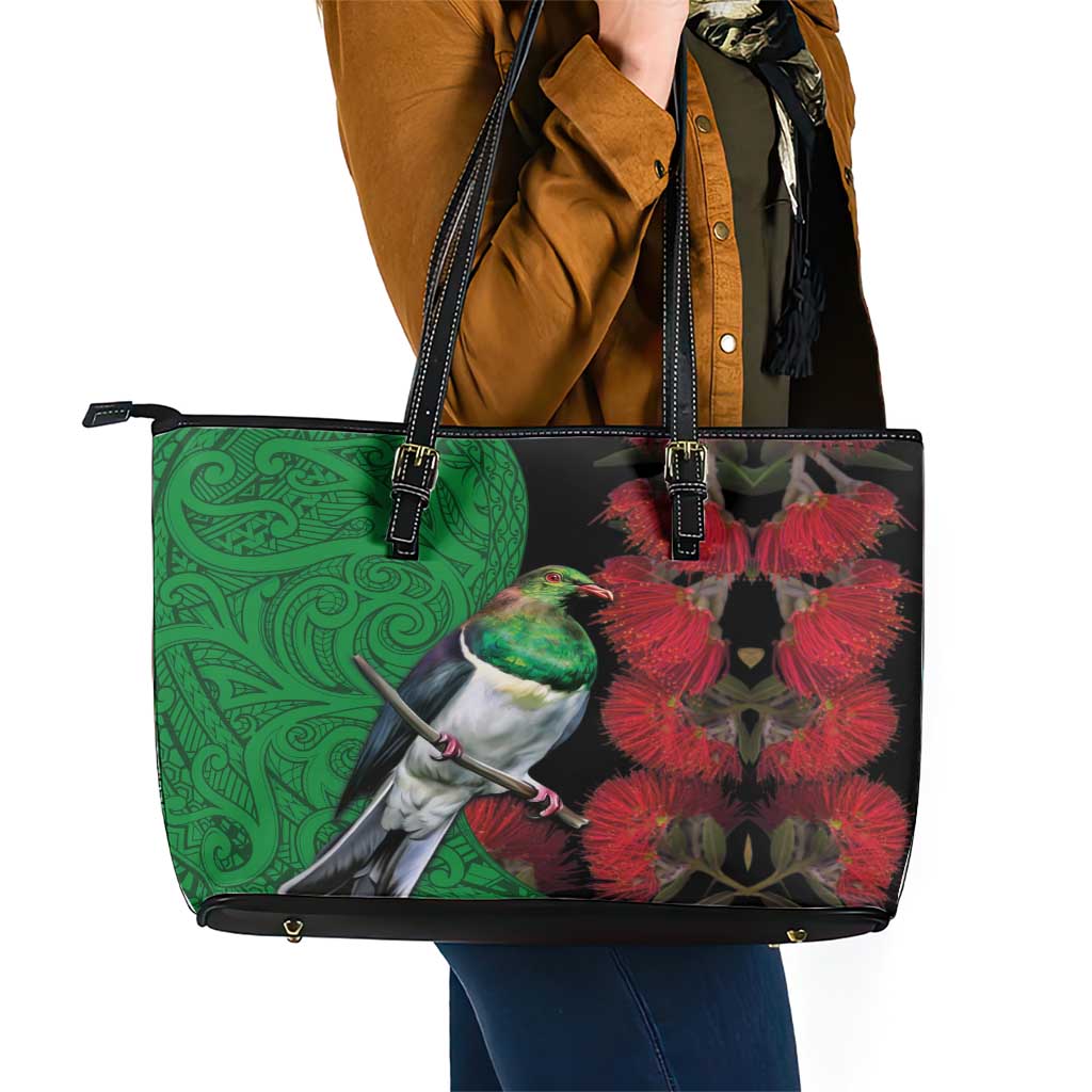 New Zealand Kereru And Pohutukawa Leather Tote Bag Maori Tribal Tattoo LT03 - Polynesian Pride