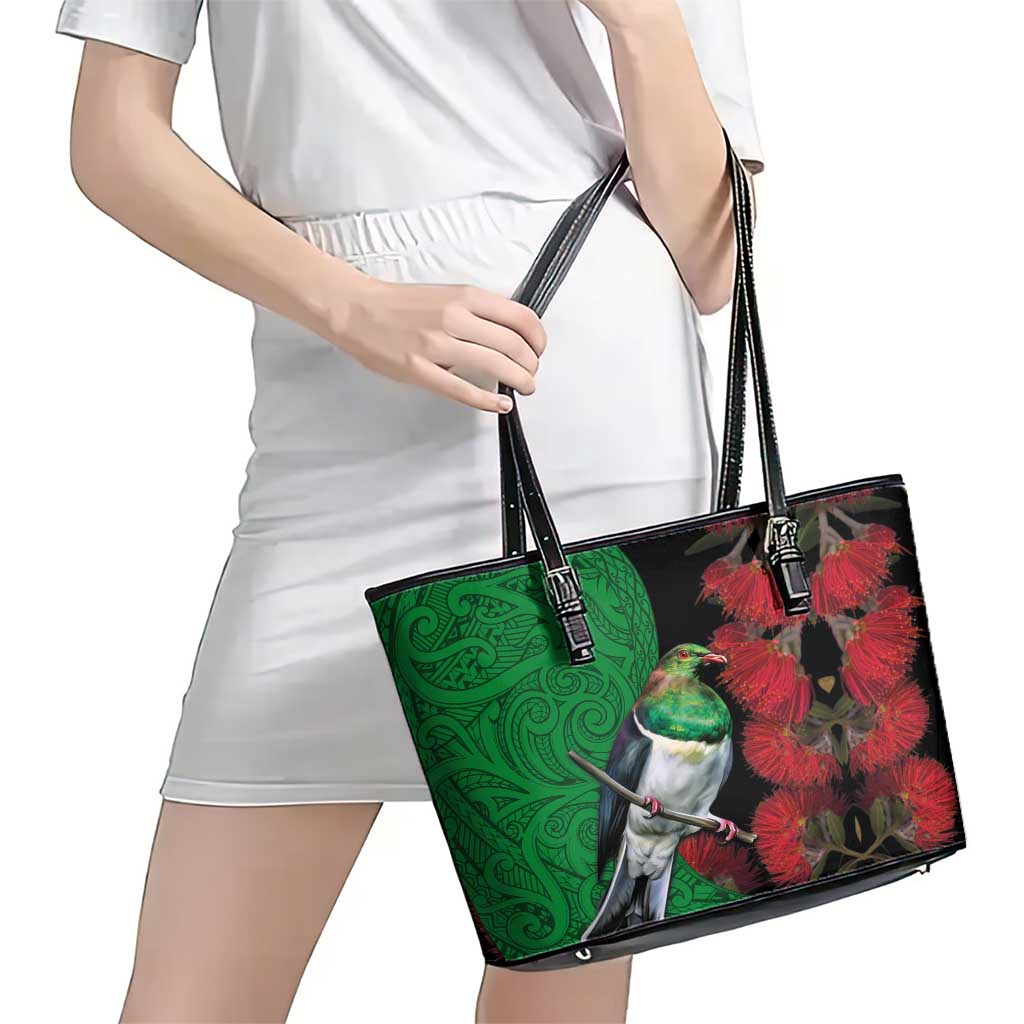 New Zealand Kereru And Pohutukawa Leather Tote Bag Maori Tribal Tattoo LT03 - Polynesian Pride