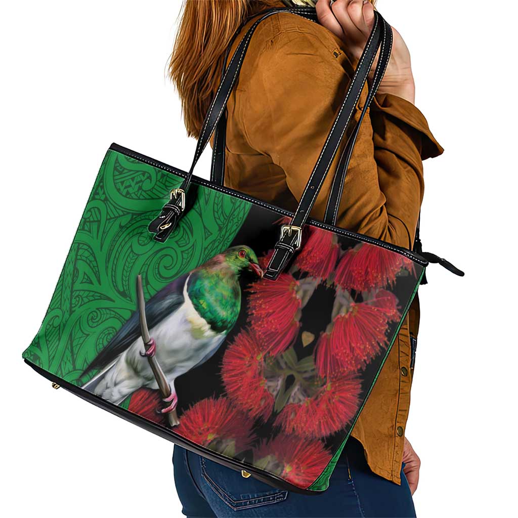 New Zealand Kereru And Pohutukawa Leather Tote Bag Maori Tribal Tattoo LT03 - Polynesian Pride