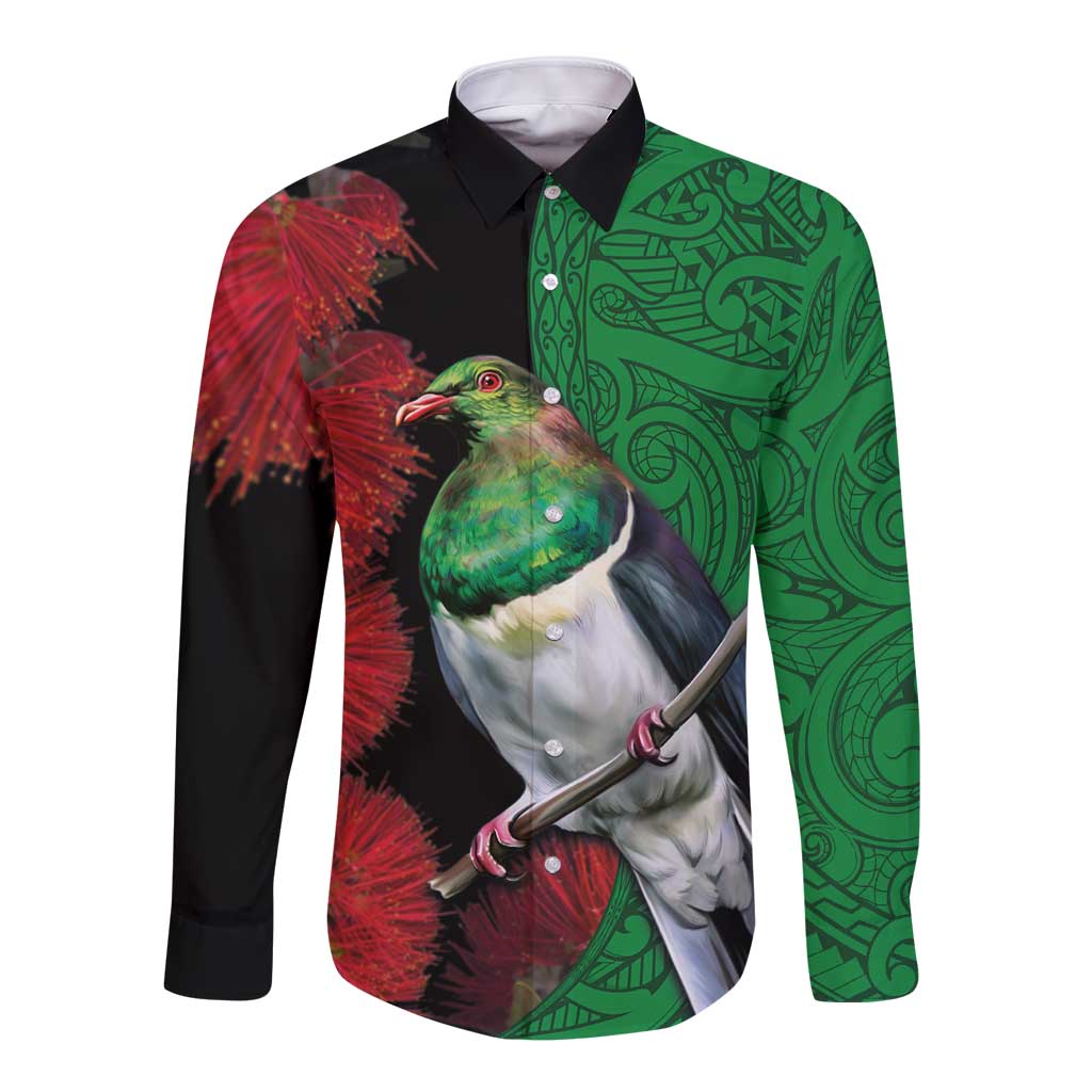 New Zealand Kereru And Pohutukawa Long Sleeve Button Shirt Maori Tribal Tattoo LT03 Unisex Black - Polynesian Pride
