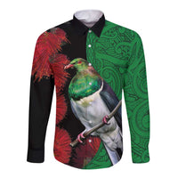 New Zealand Kereru And Pohutukawa Long Sleeve Button Shirt Maori Tribal Tattoo LT03 Unisex Black - Polynesian Pride