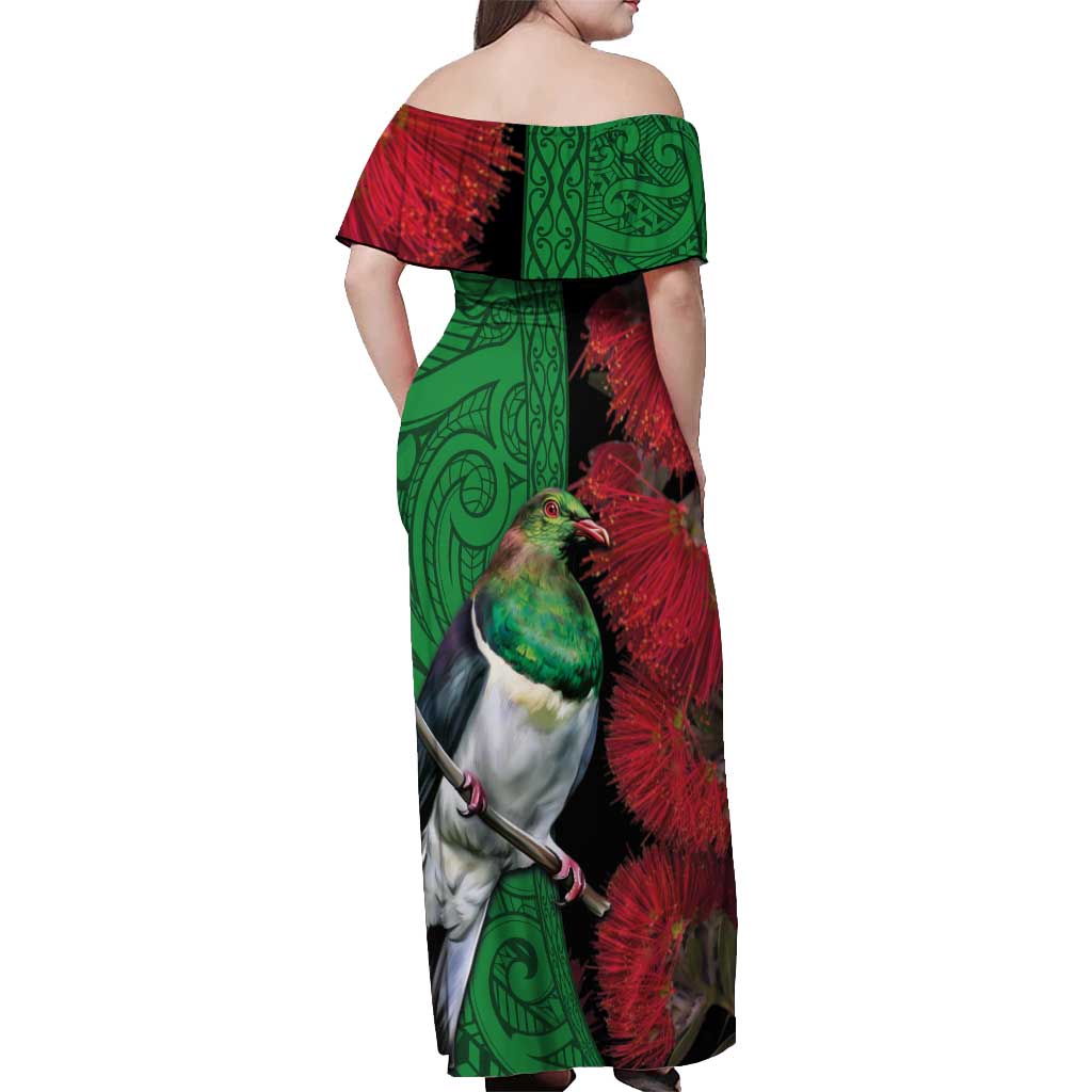 New Zealand Kereru And Pohutukawa Off Shoulder Maxi Dress Maori Tribal Tattoo LT03 - Polynesian Pride